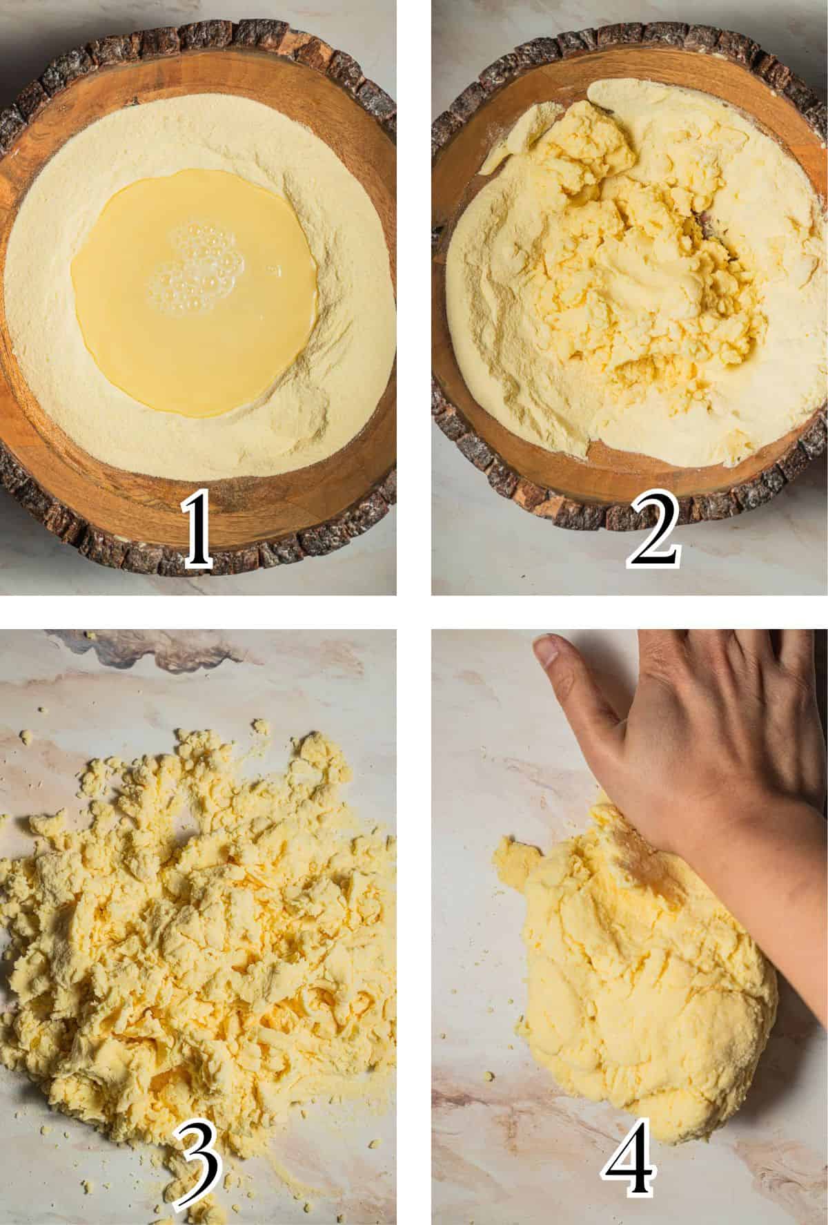 2x2 grid demonstrating how to mix and knead semolina pasta dough.
