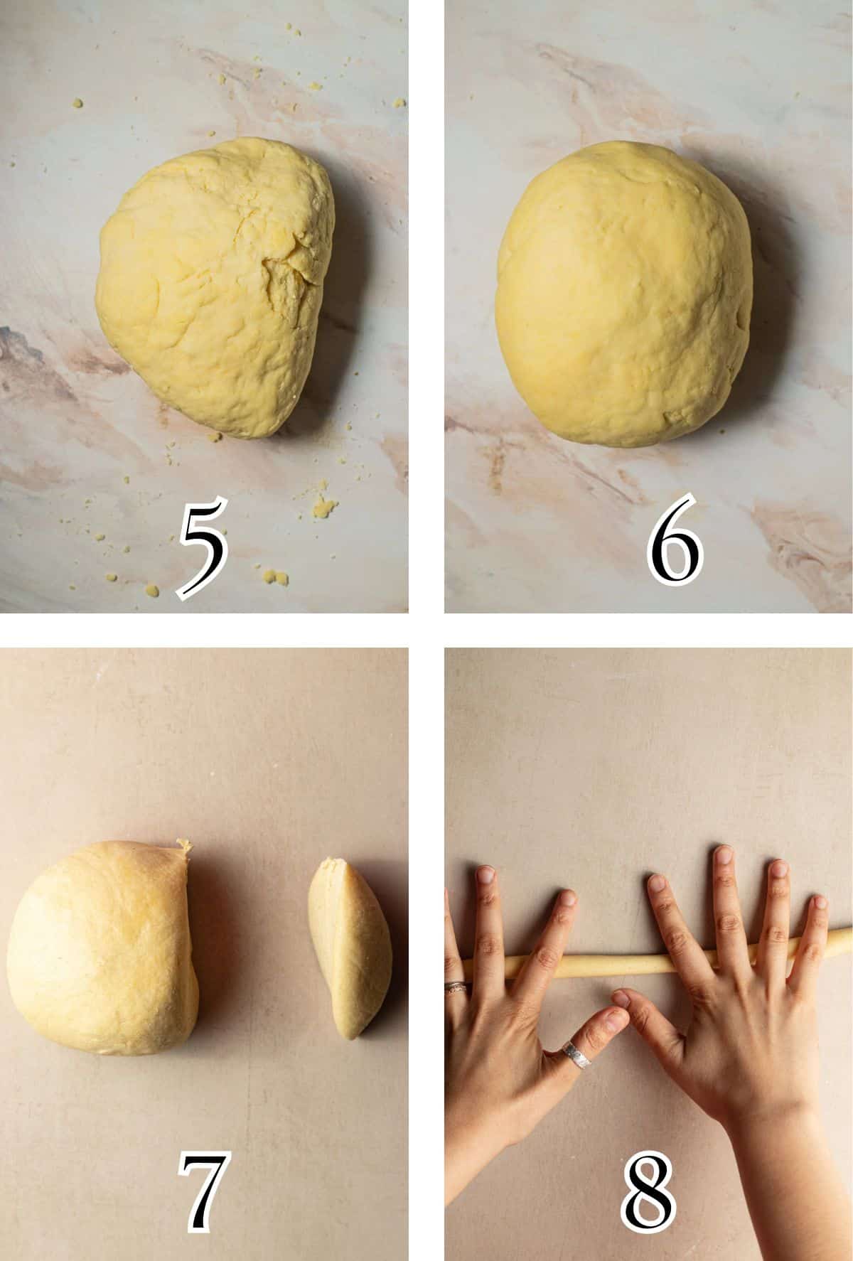 2x2 grid demonstrating how to knead and roll semolina pasta dough.