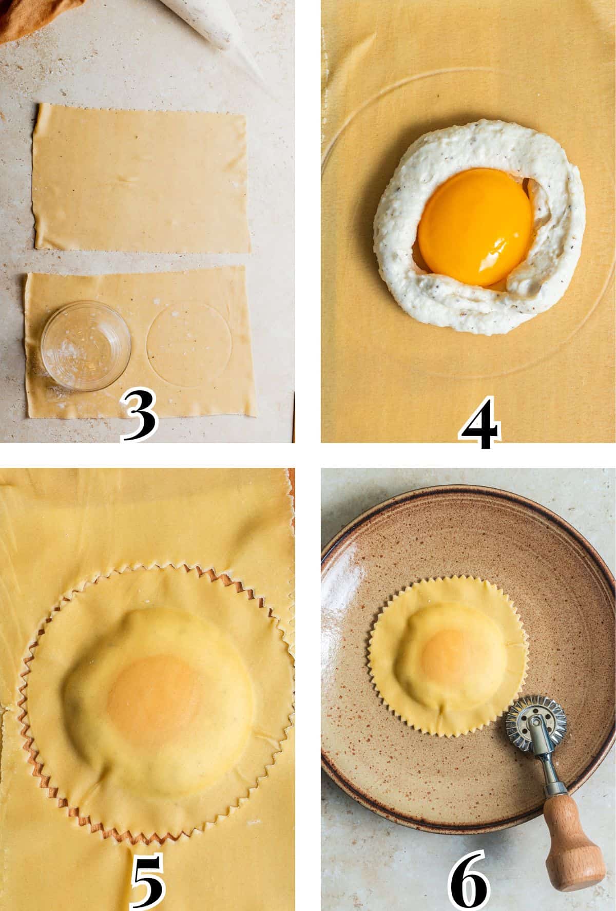 A 2x2 grid demonstrating how to cut and fill raviolo.