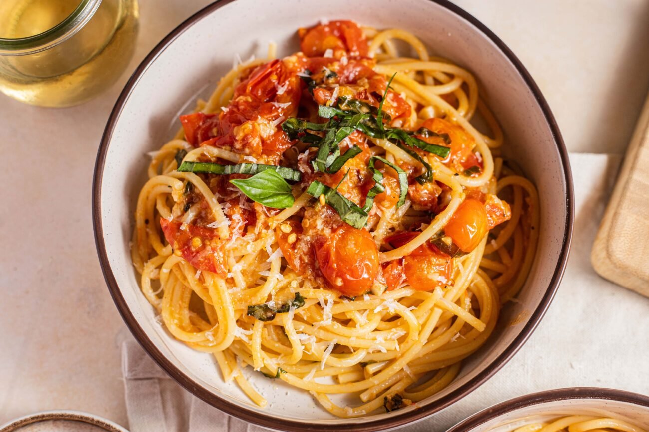 Blistered Tomato Pasta with Pecorino Cheese and Basil