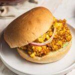 Paneer Bhurji Sandwich with pickled onion and green chutney aioli