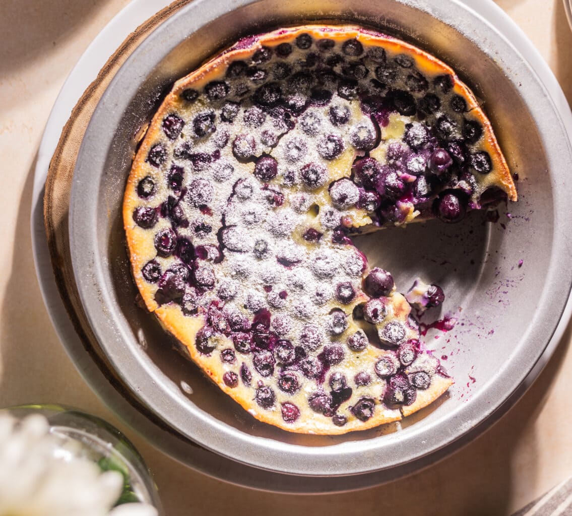 Blueberry clafoutis in a pie plate