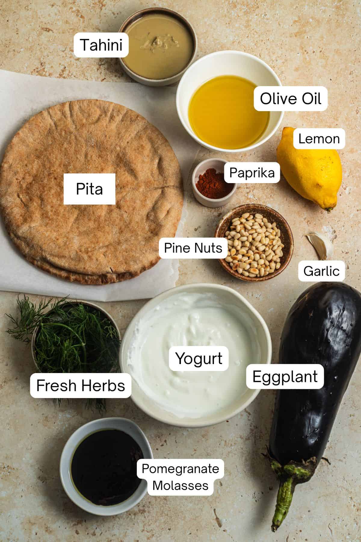 Ingredients laid out to make fatteh.