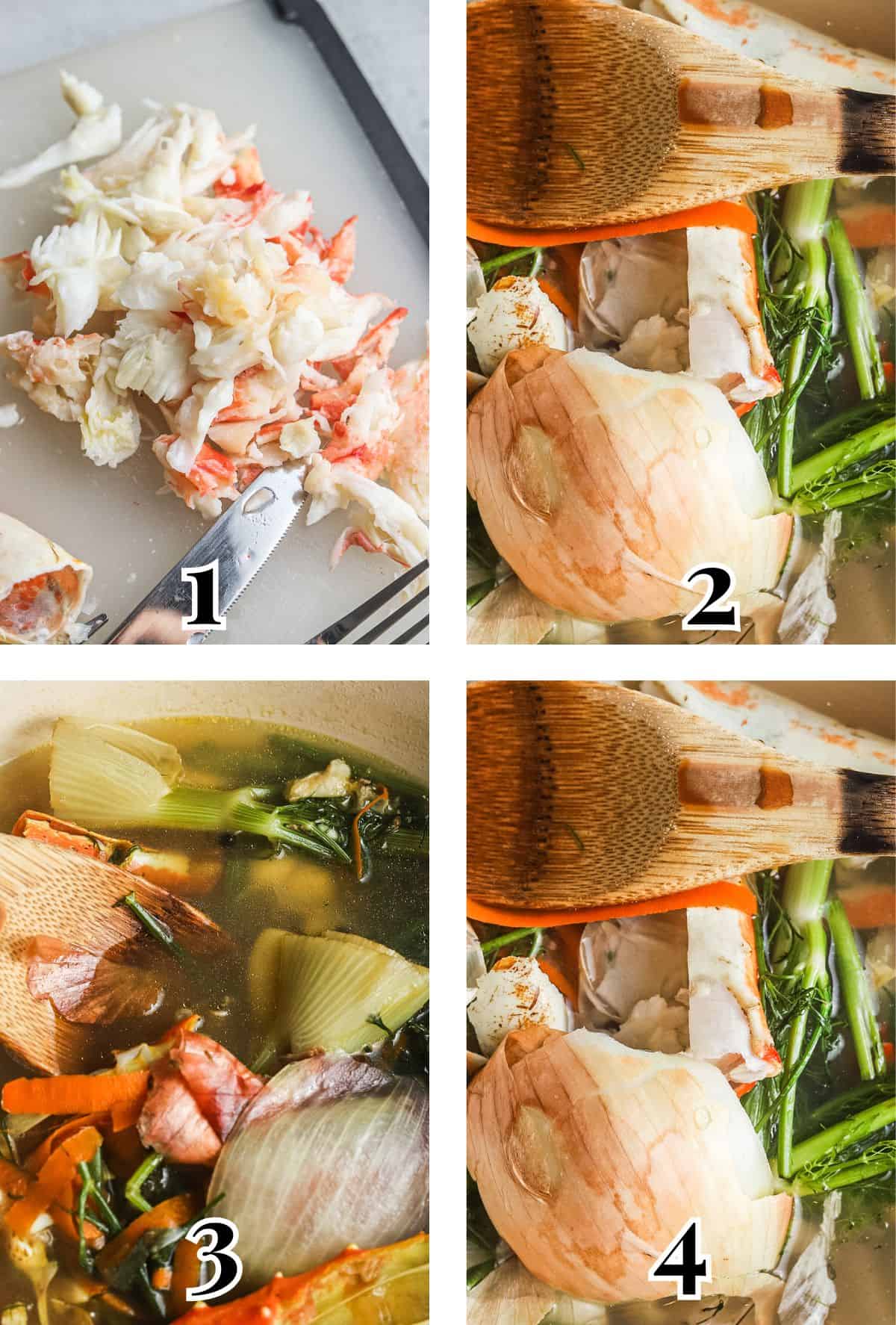 2x2 grid demonstrating how to make seafood stock.