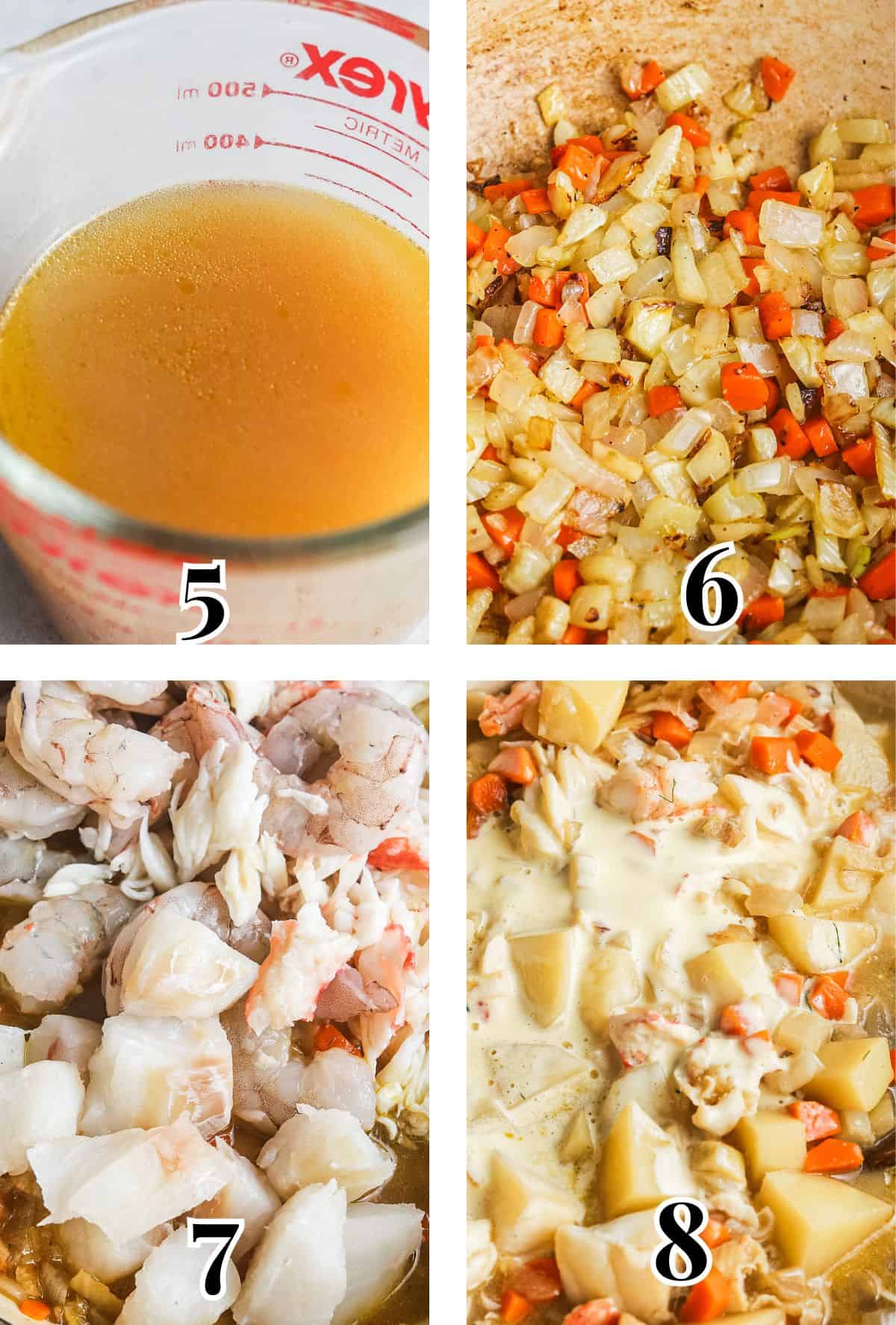2x2 grid demonstrating how to make crab stew.