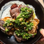 Crispy smashed fingerling potatoes with labneh and italian salsa verde.