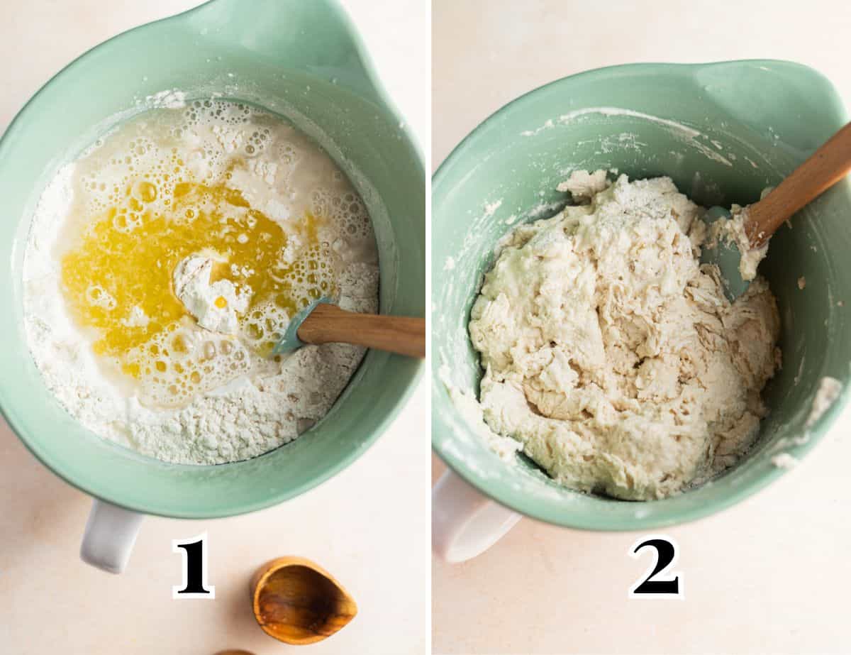 Side-by-side photos of focaccia dough being mixed with a spatula.