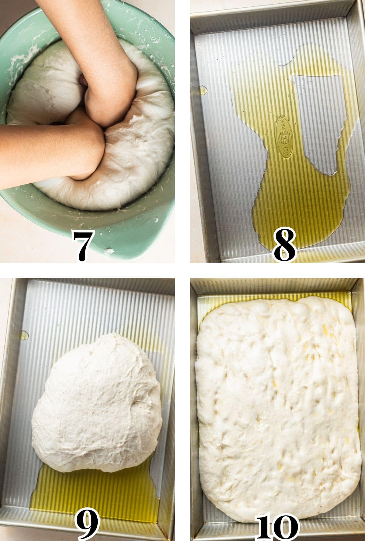 2x2 grid demonstrating how to deflate, oil, and stretch out focaccia dough in a baking pan.