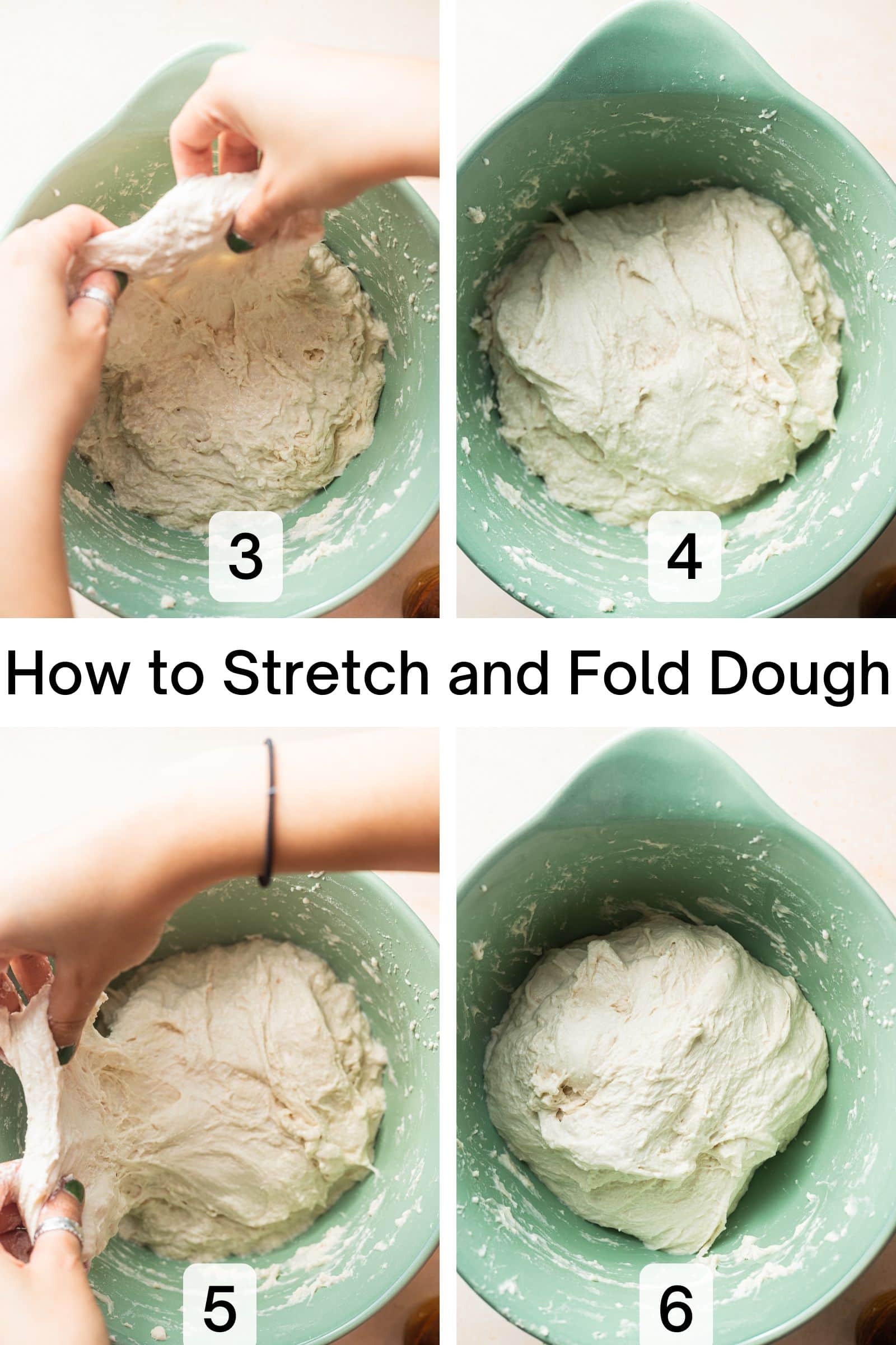 A 2x2 grid demonstrating how to stretch and fold focaccia dough.