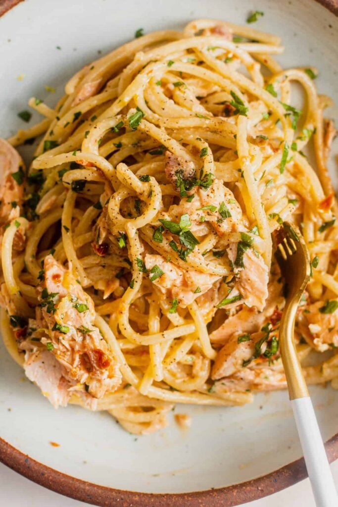 Creamy salmon yogurt pasta with sun-dried tomatoes