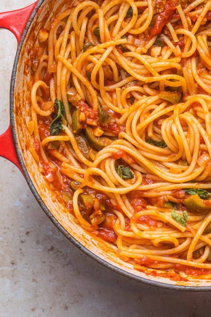 Spaghetti arrabbiata in a dutch oven.
