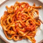 A plate of pici tossed with a tomato garlic (aglione) sauce on a plate with a bronze fork.