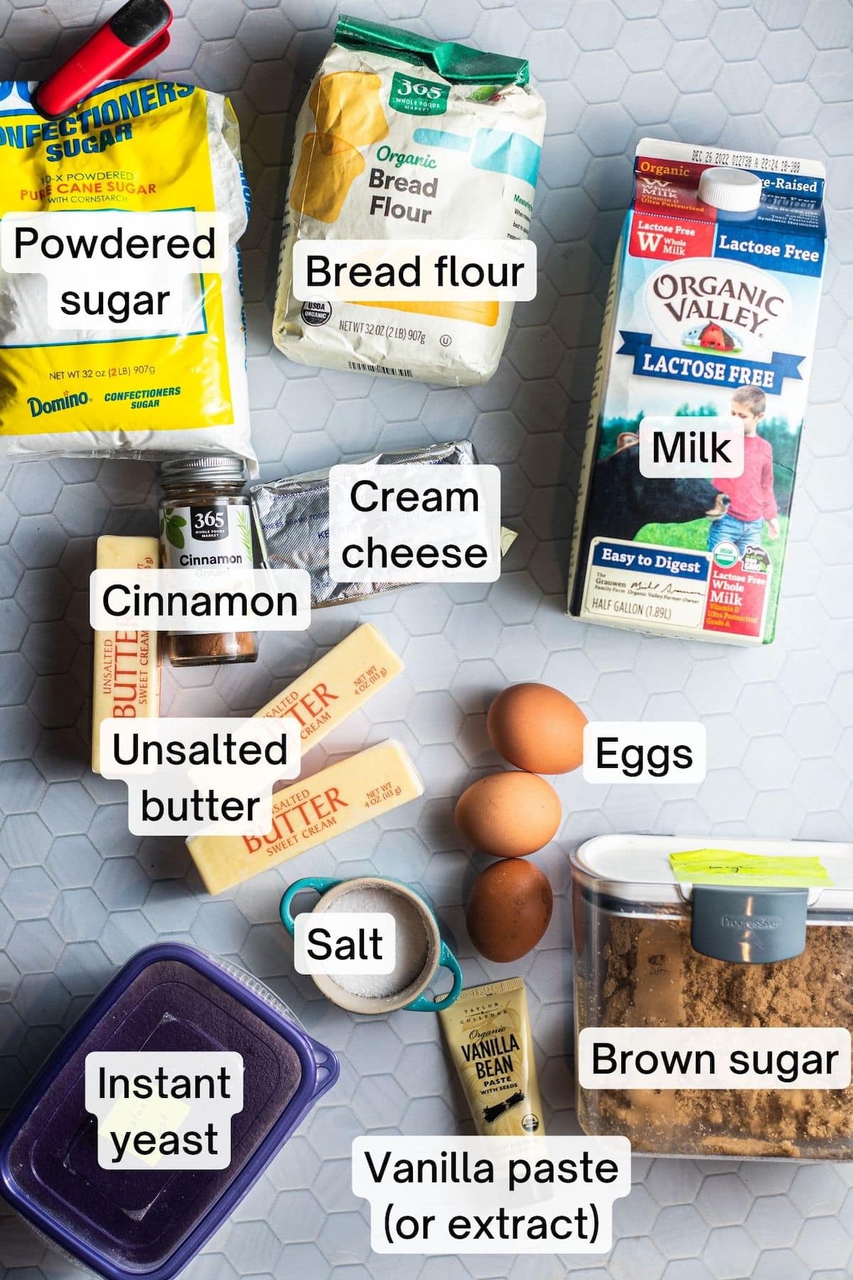 Ingredients laid out to make brioche cinnamon rolls.