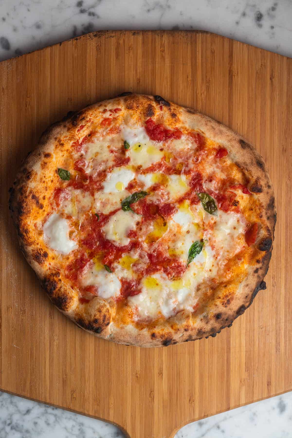 A margherita pizza with a charred crust on a pizza peel set on a countertop.