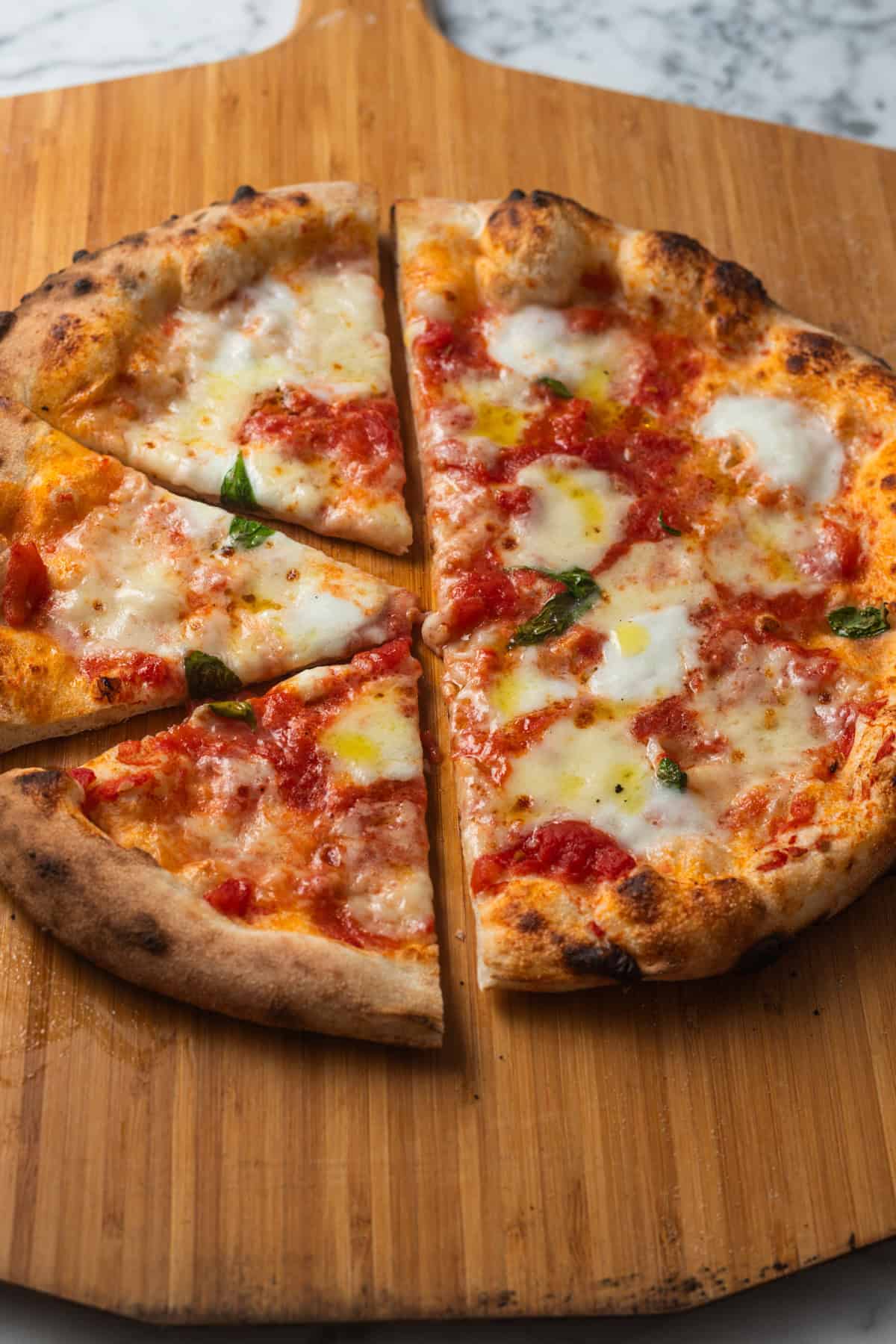 A margherita pizza cut into a few slices on a pizza peel.