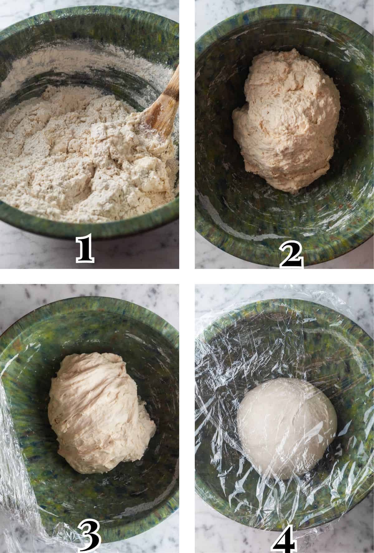 2x2 grid demonstrating how to mix, stretch and fold dough.
