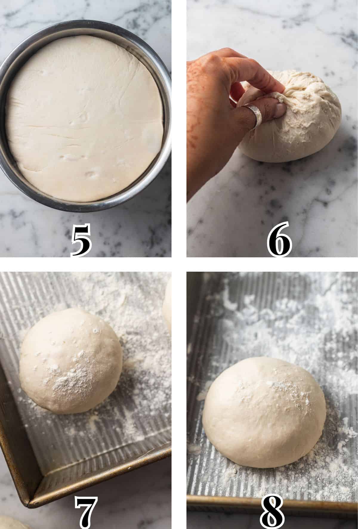 2x2 grid demonstrating how to ball and proof pizza dough.
