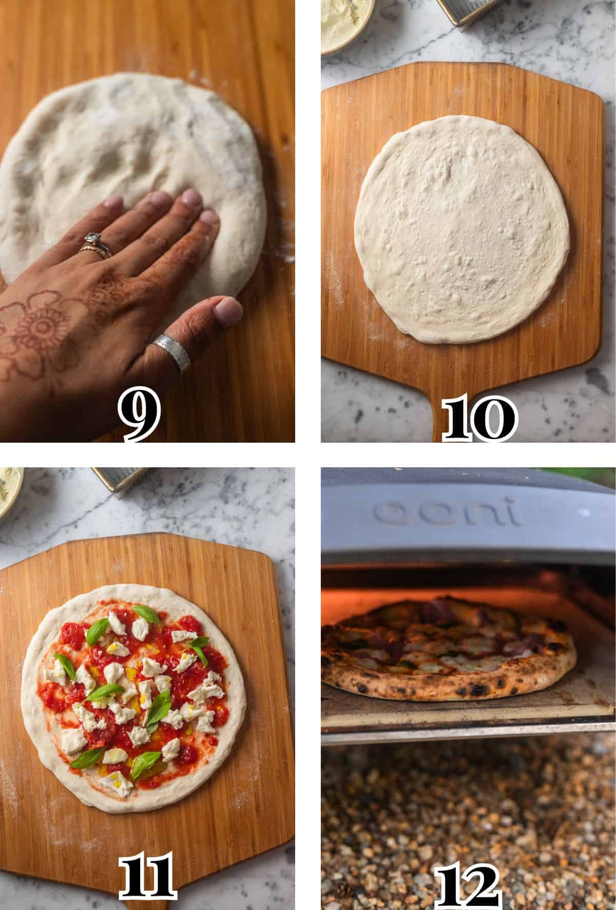 2x2 grid demonstrating how to stretch, top, and bake pizza in an outdoor pizza oven.