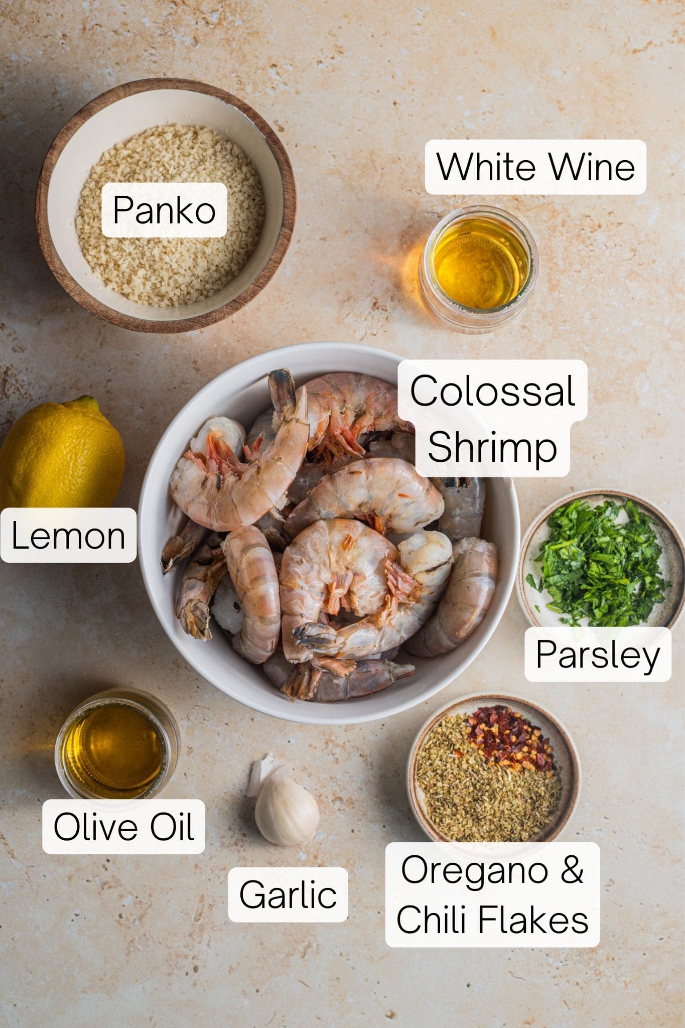 Ingredients laid out to make shrimp oreganata.