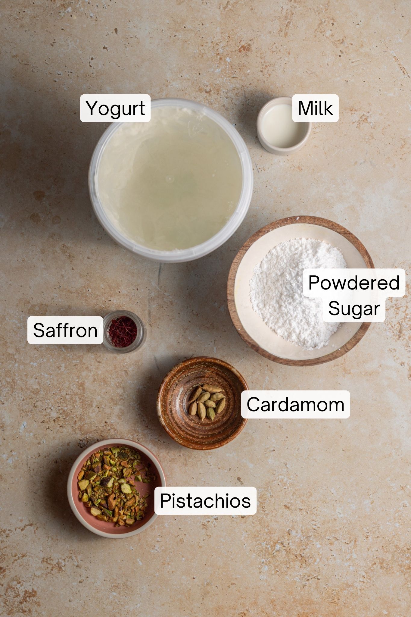 Ingredients laid out to make shrikhand.