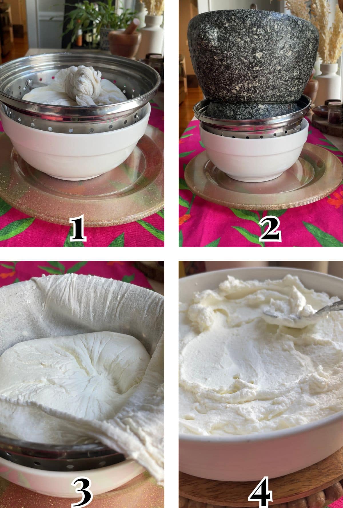 2x2 grid demonstrating how to strain yogurt for shrikhand.