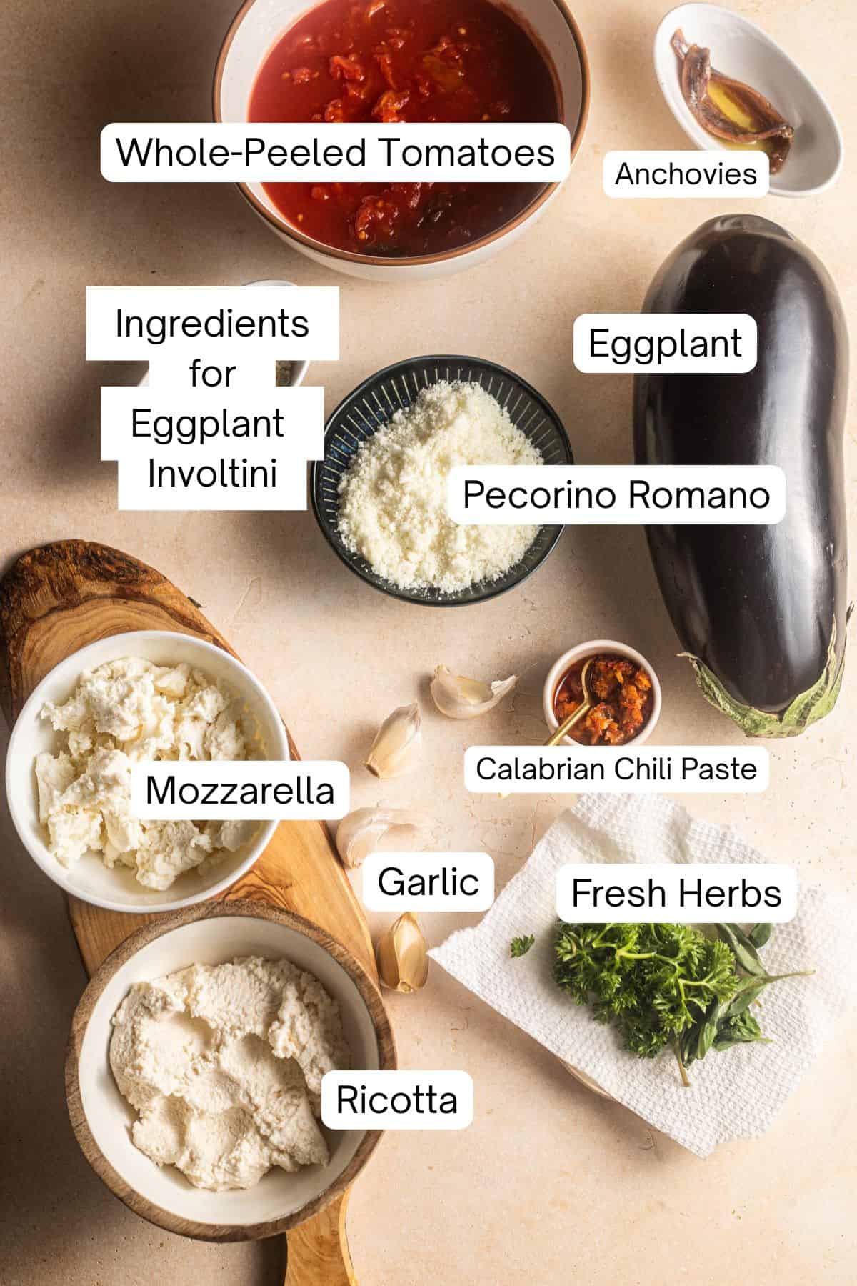 Ingredients laid out to make eggplant involtini.