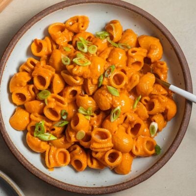 A bowl of creamy orange pasta topped with scallions on a countertop.