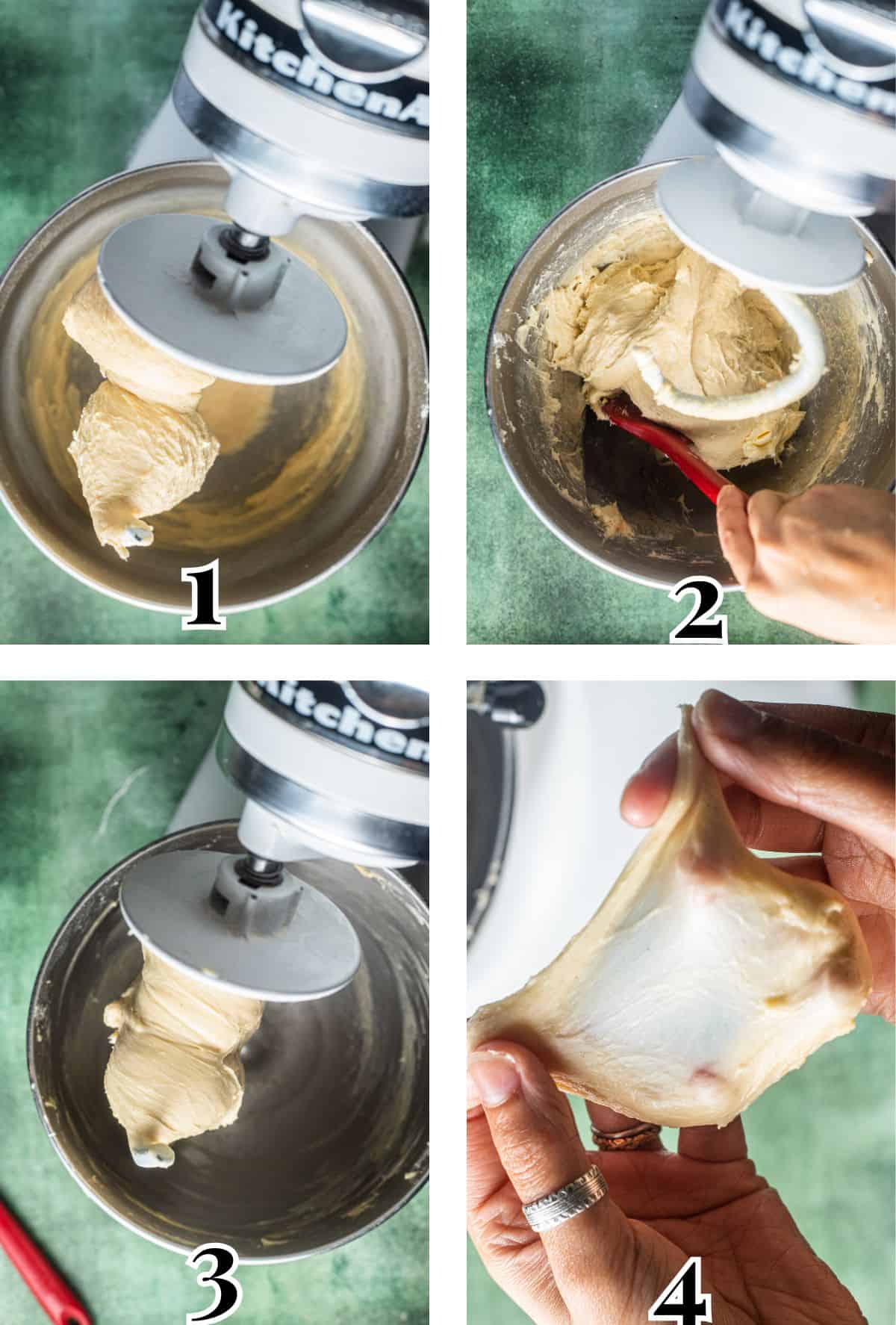 2x2 grid demonstrating how to knead brioche dough in a stand mixer.