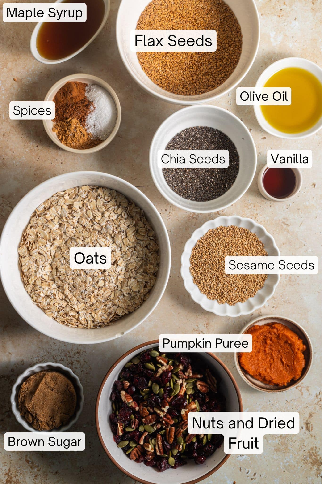 Ingredients laid out to make pumpkin spice granola.
