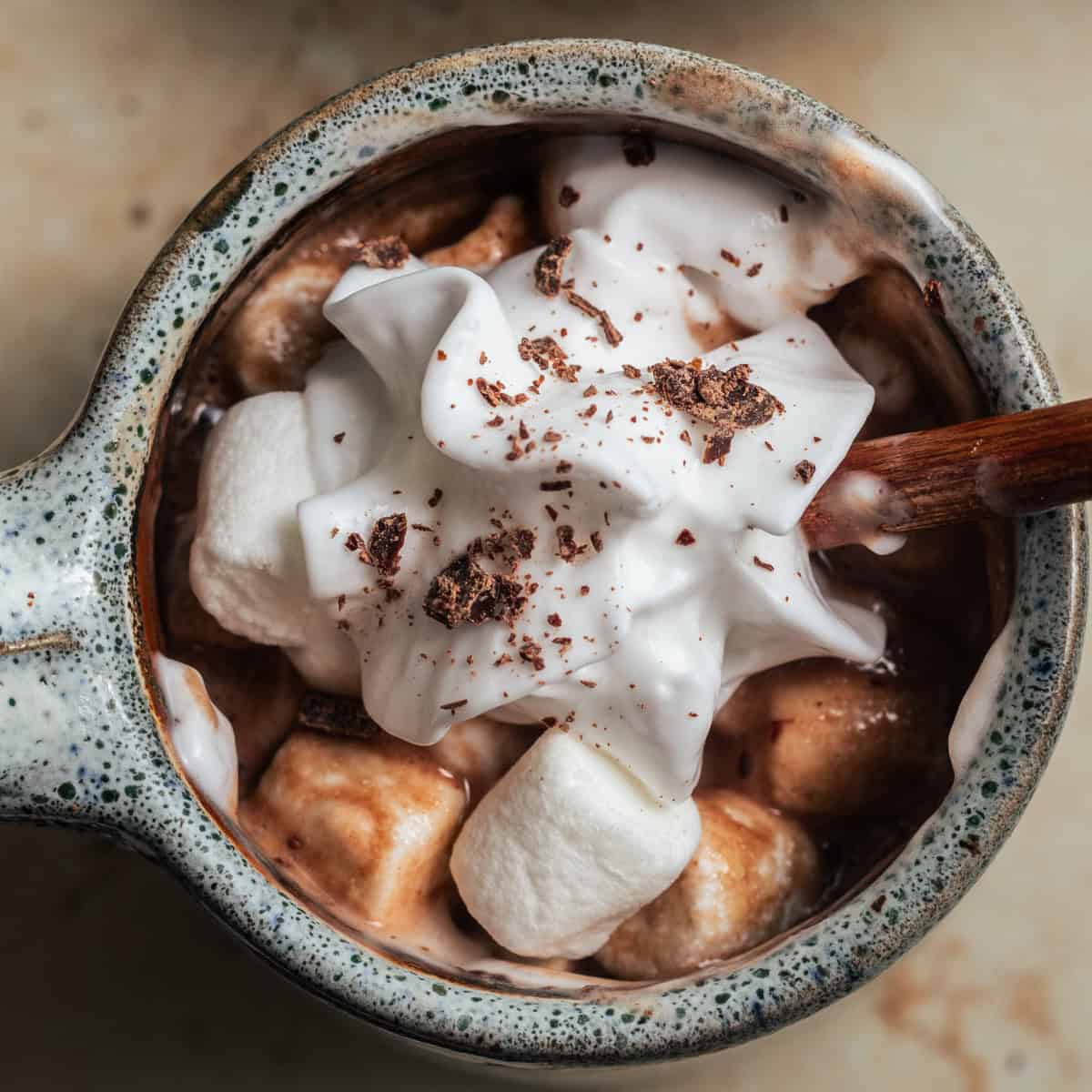 A ceramic mug of hot chocolate topped with melting whipped cream, shaved chocolate, and mini marshmallows.
