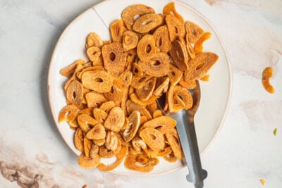 A plate of crispy garlic with a spoon in it.
