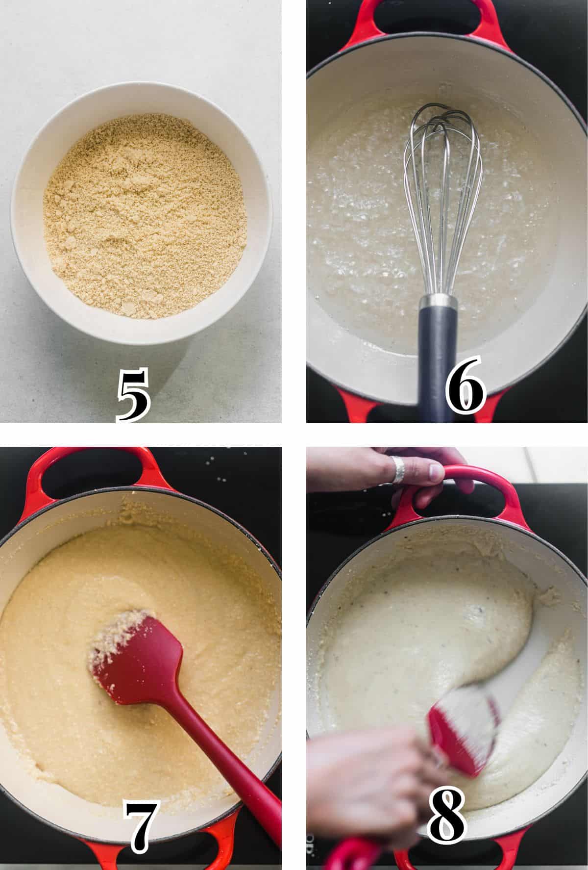 Two-by-two grid demonstrating how to cook cashews in simple syrup.