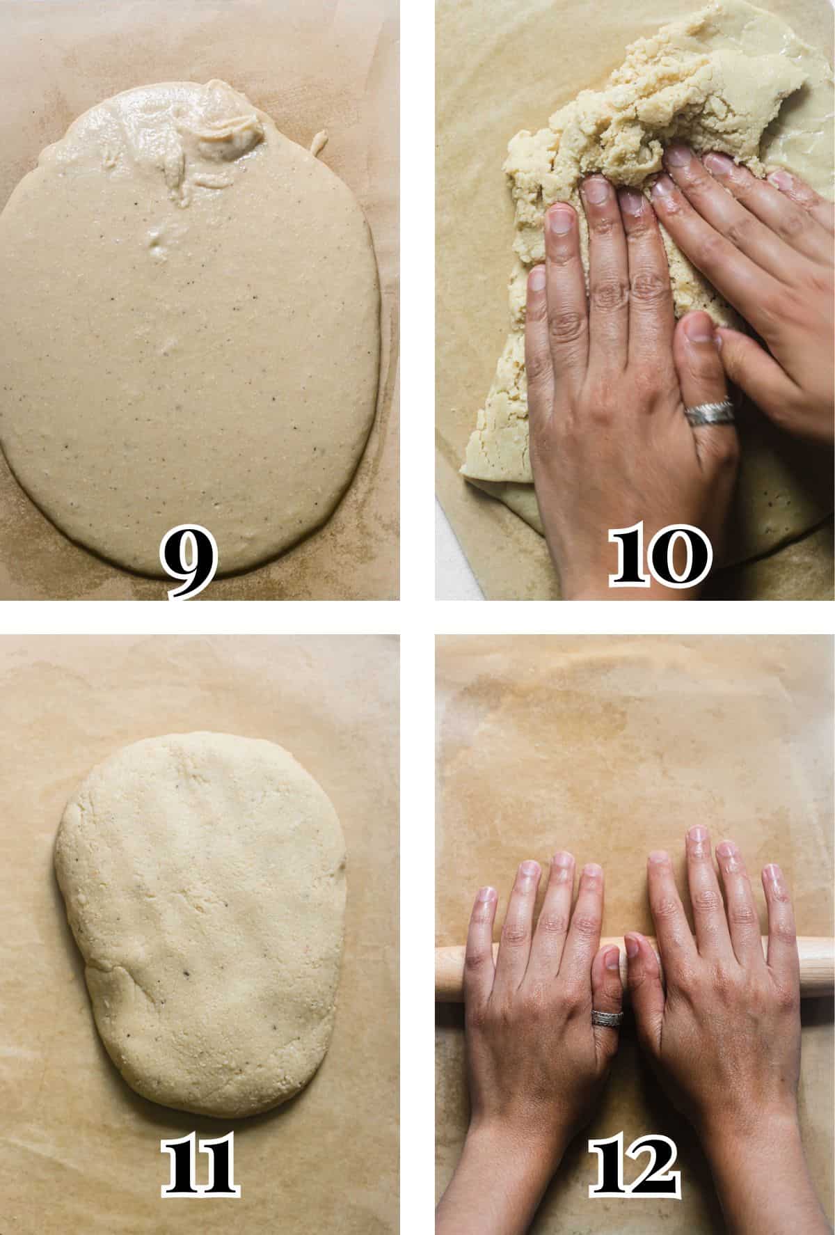 Two-by-two grid demonstrating how to knead and roll cashew dough.