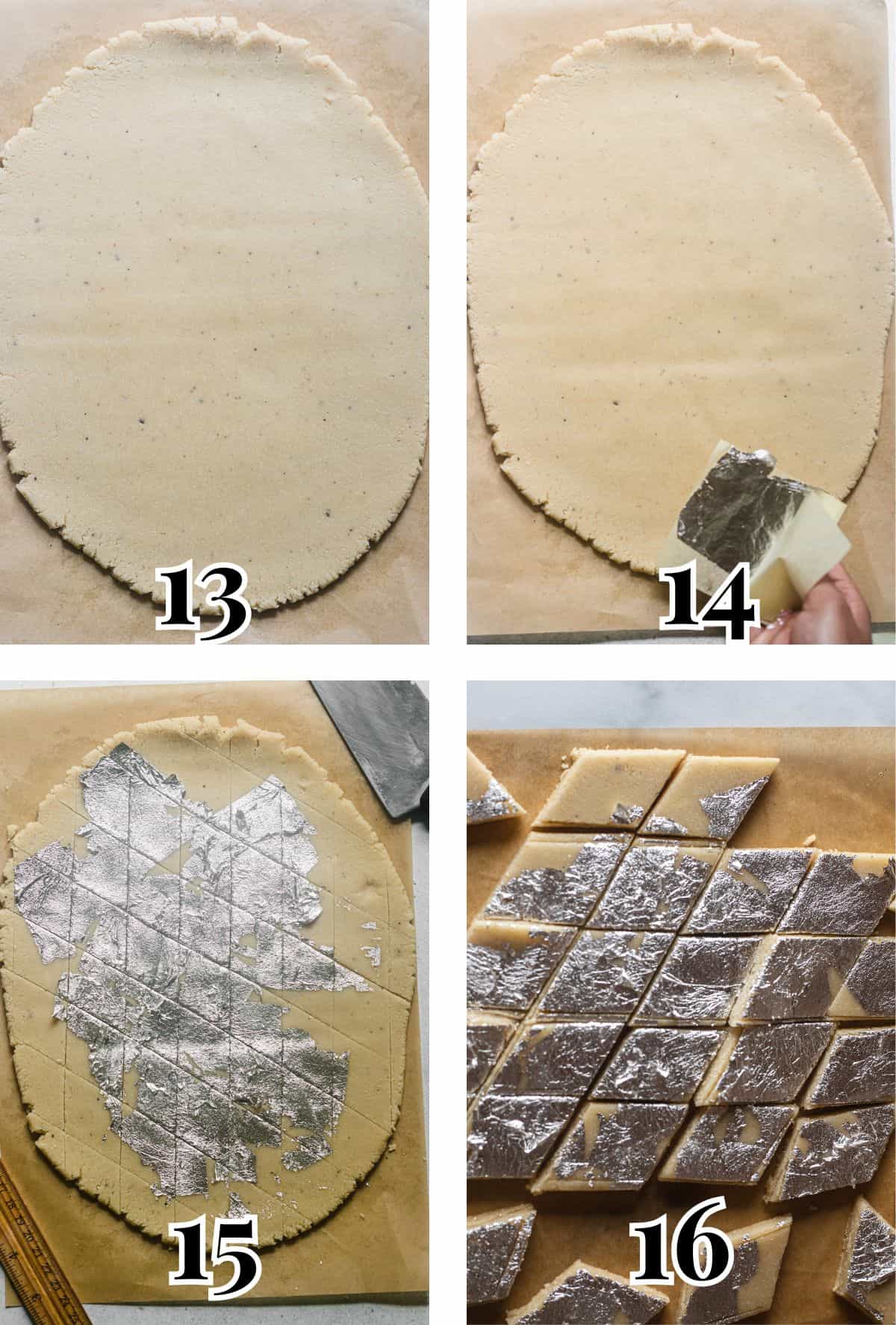 Two-by-two grid demonstrating how to roll and decorate kaju katli with silver vark.