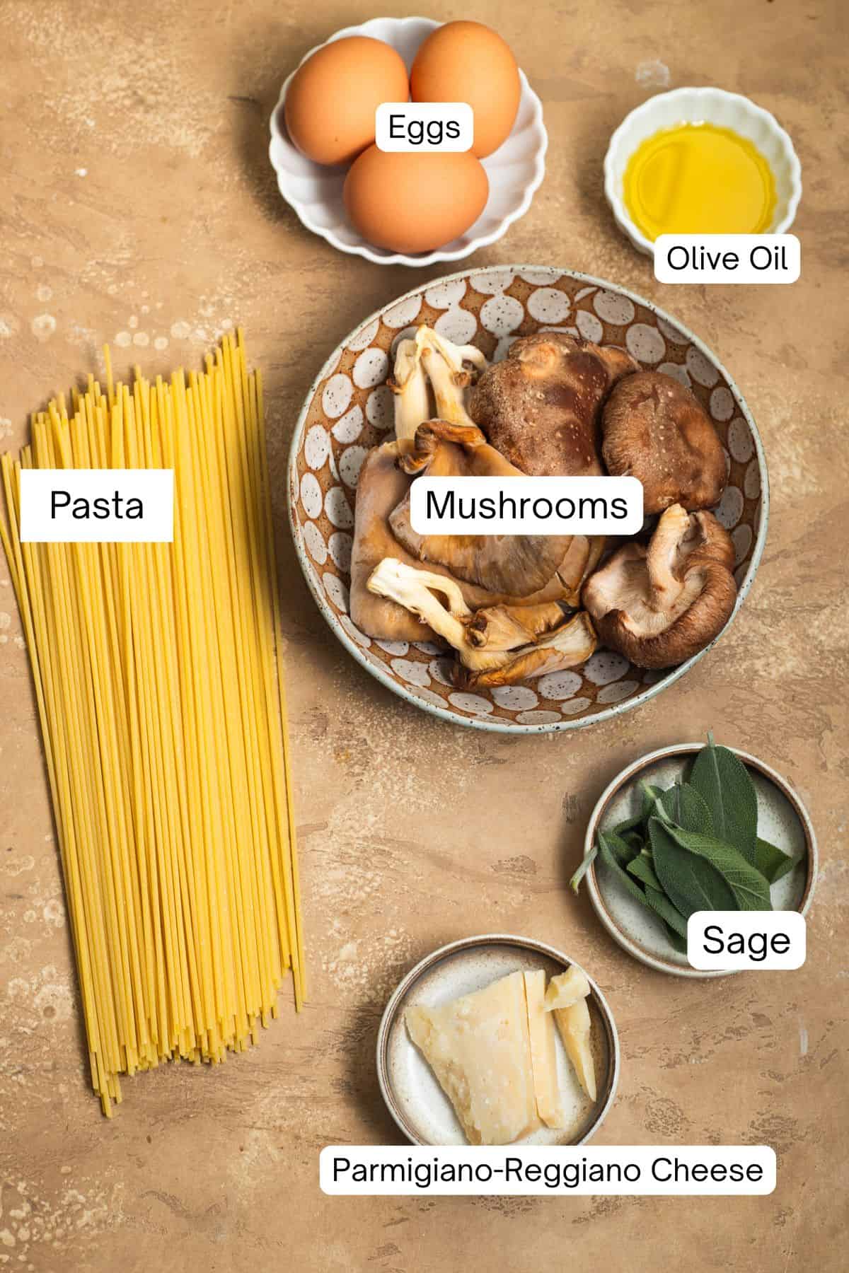 Ingredients laid out to make mushroom carbonara.