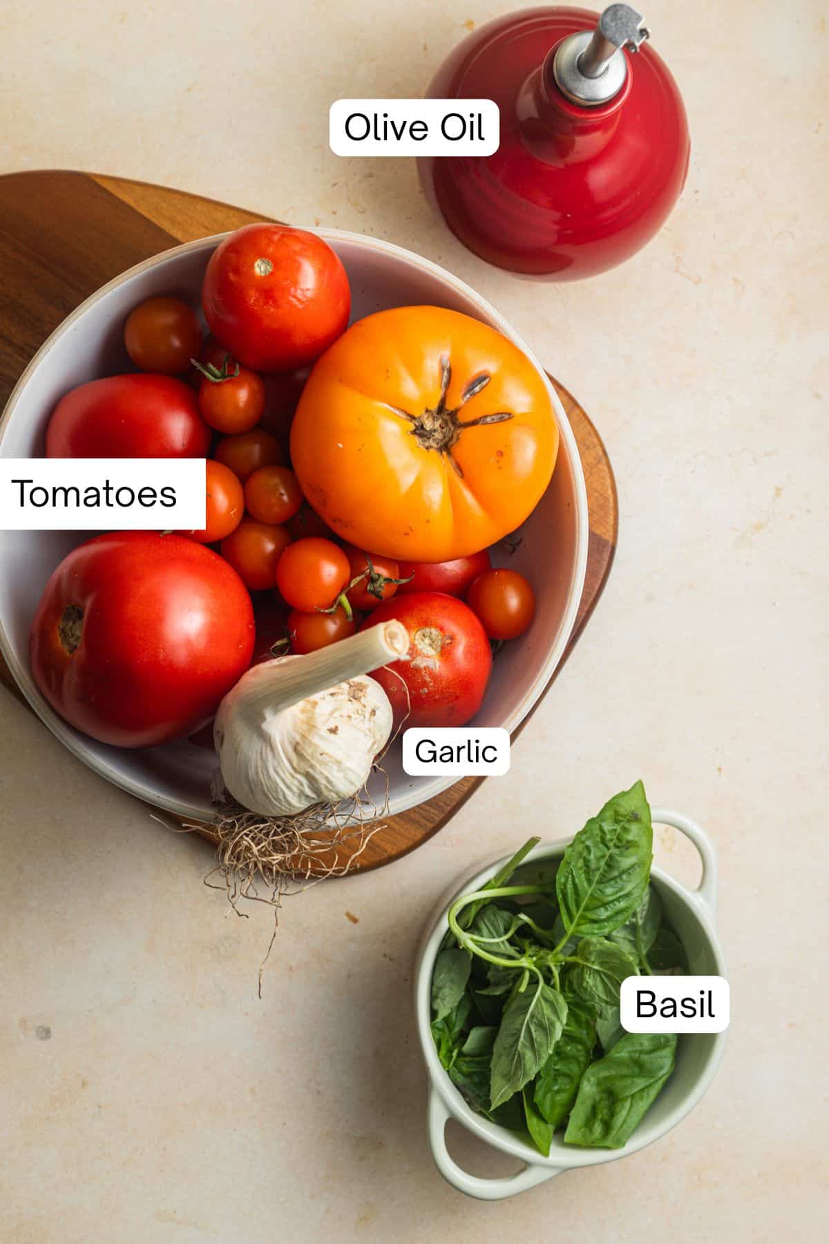 Ingredients laid out to make pomodoro sauce.