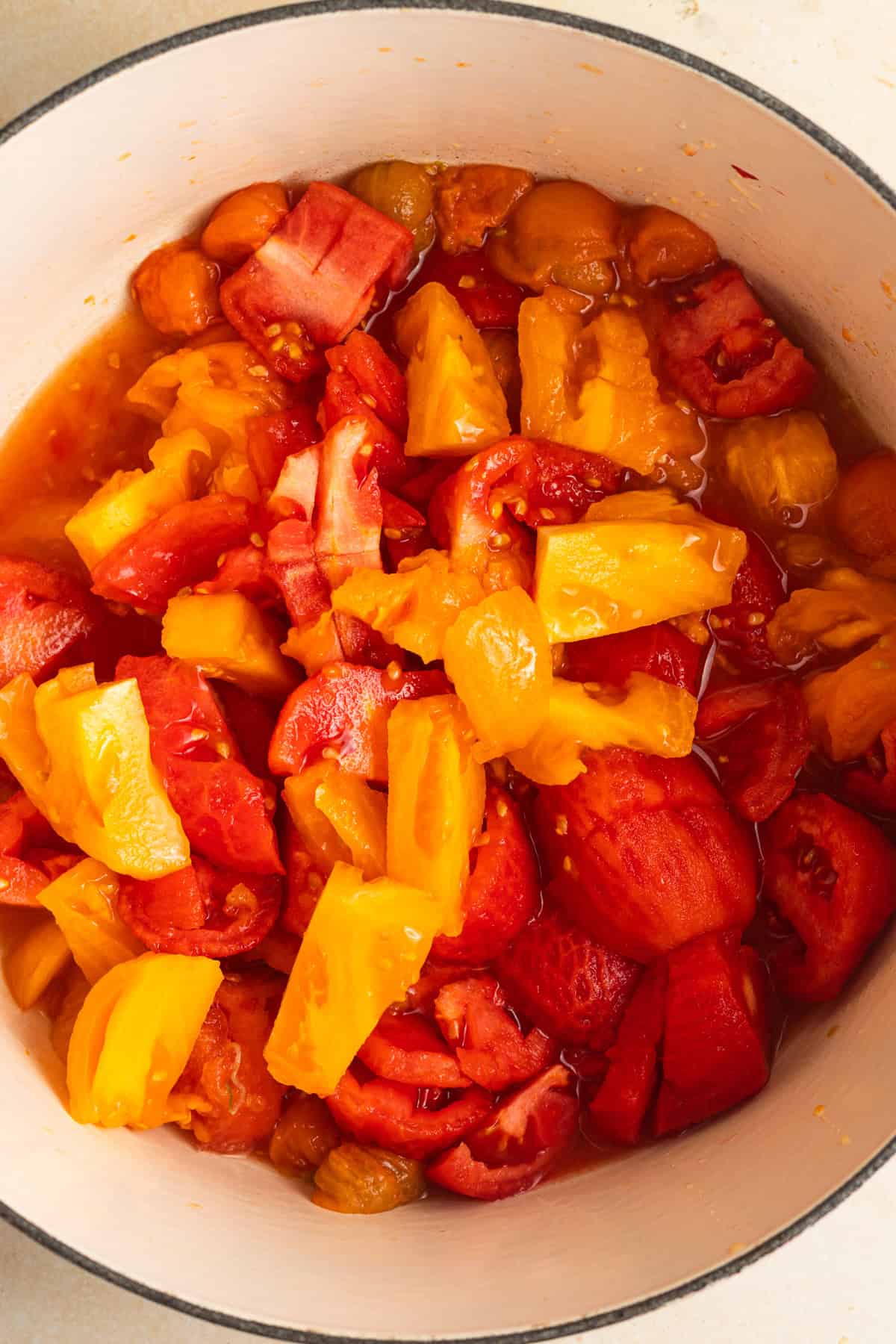 Chopped yellow and red tomatoes in a dutch oven.