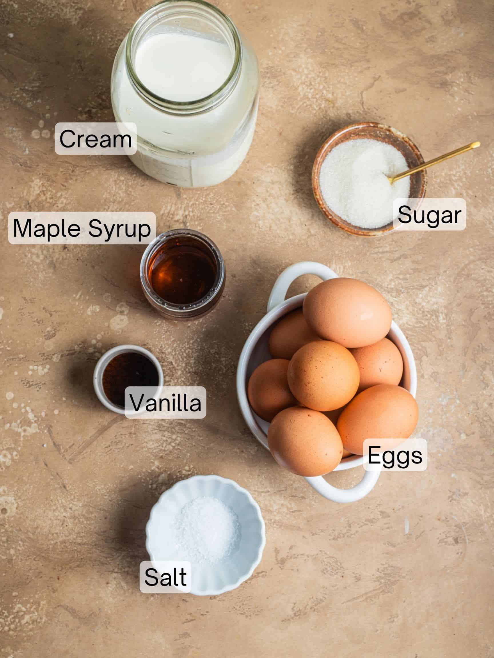 Ingredients laid out to make creme brulee.