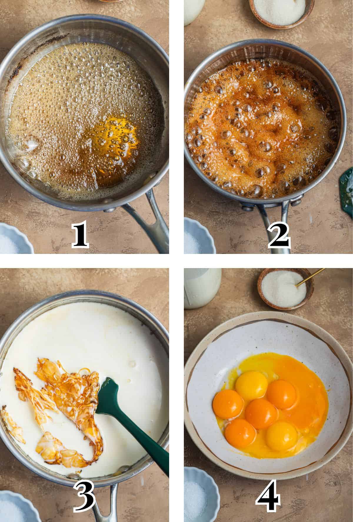 2x2 grid demonstrating how to caramelize maple syrup and add it to a custard base.