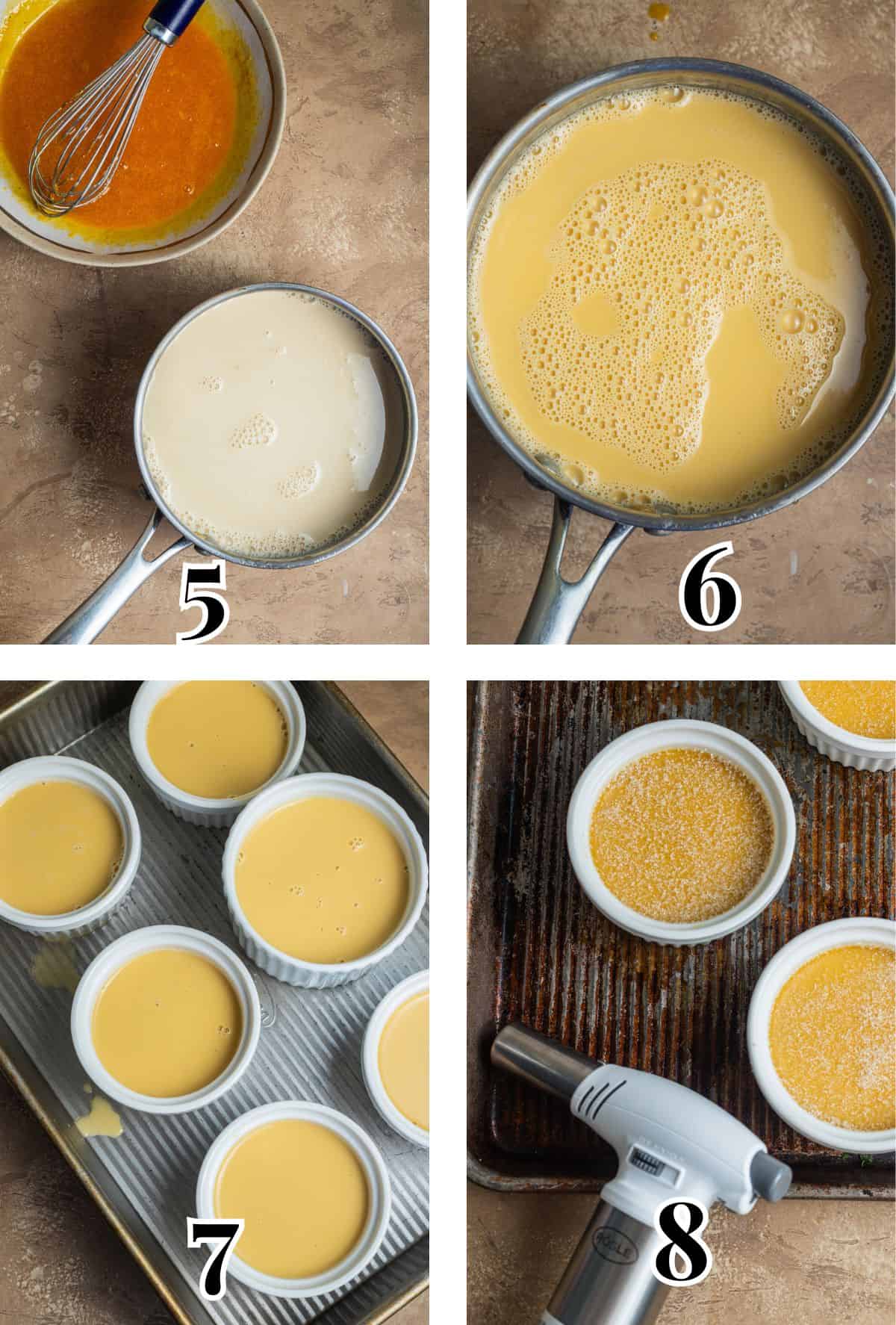2x2 grid demonstrating how to temper eggs and pour them into ramekins.