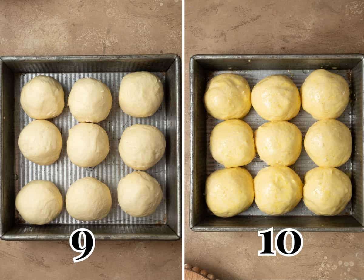 Side-by-side images showing dinner rolls before and after proofing.