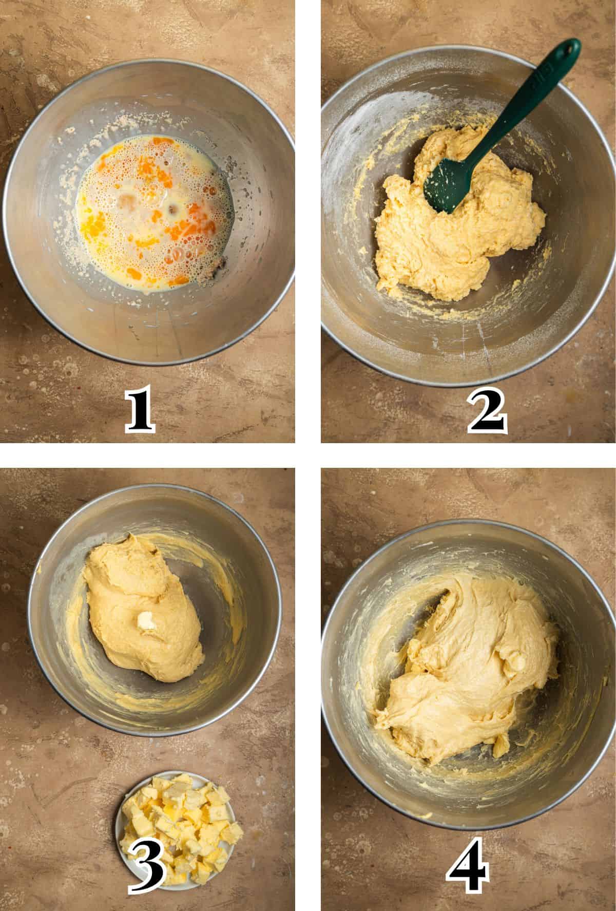 2x2 grid demonstrating how to mix wet and dry ingredients for brioche dough.