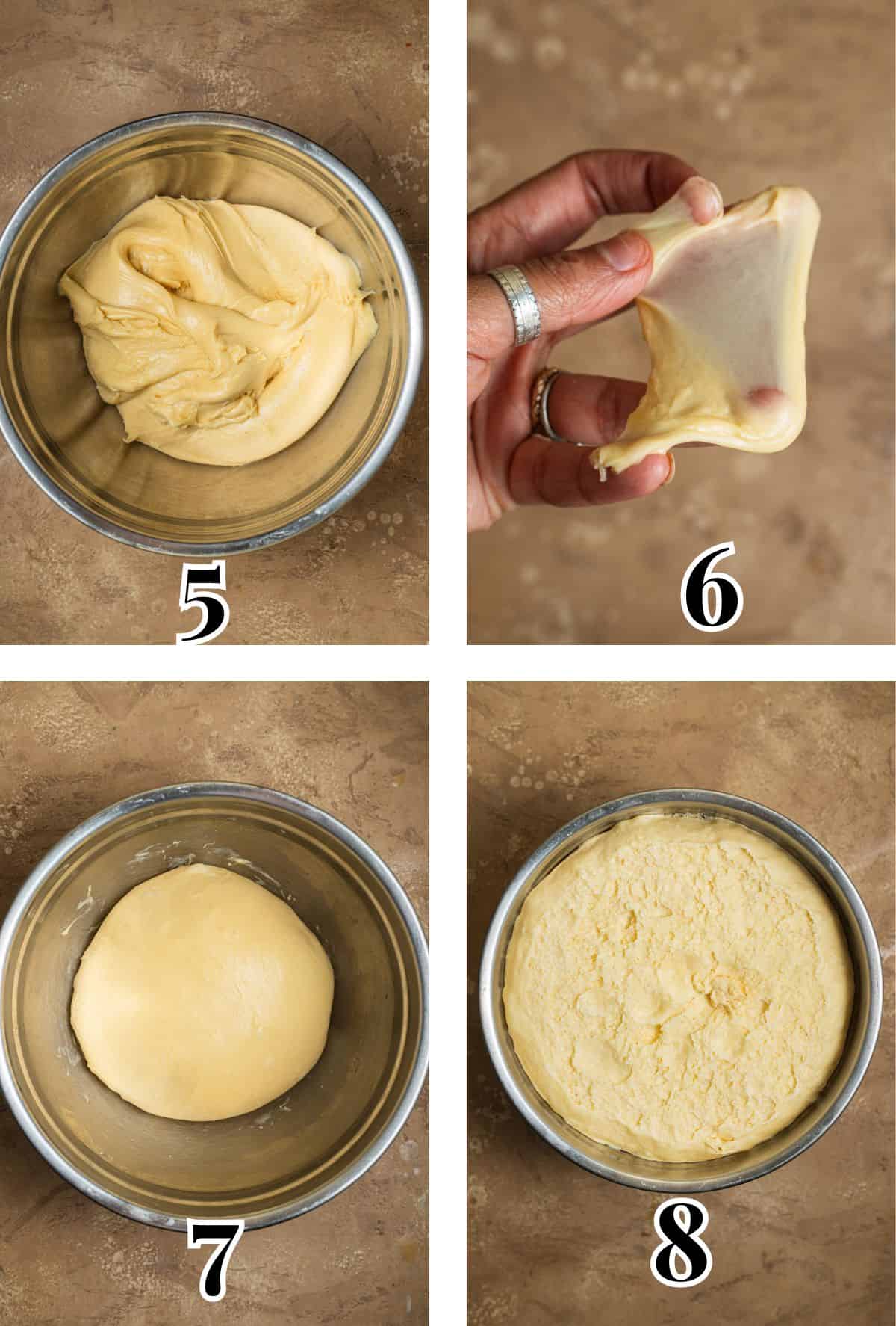 2x2 grid demonstrating how to knead and proof brioche dough.