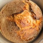 A loaf of whole-wheat bread encrusted in semolina flour in a dutch oven.