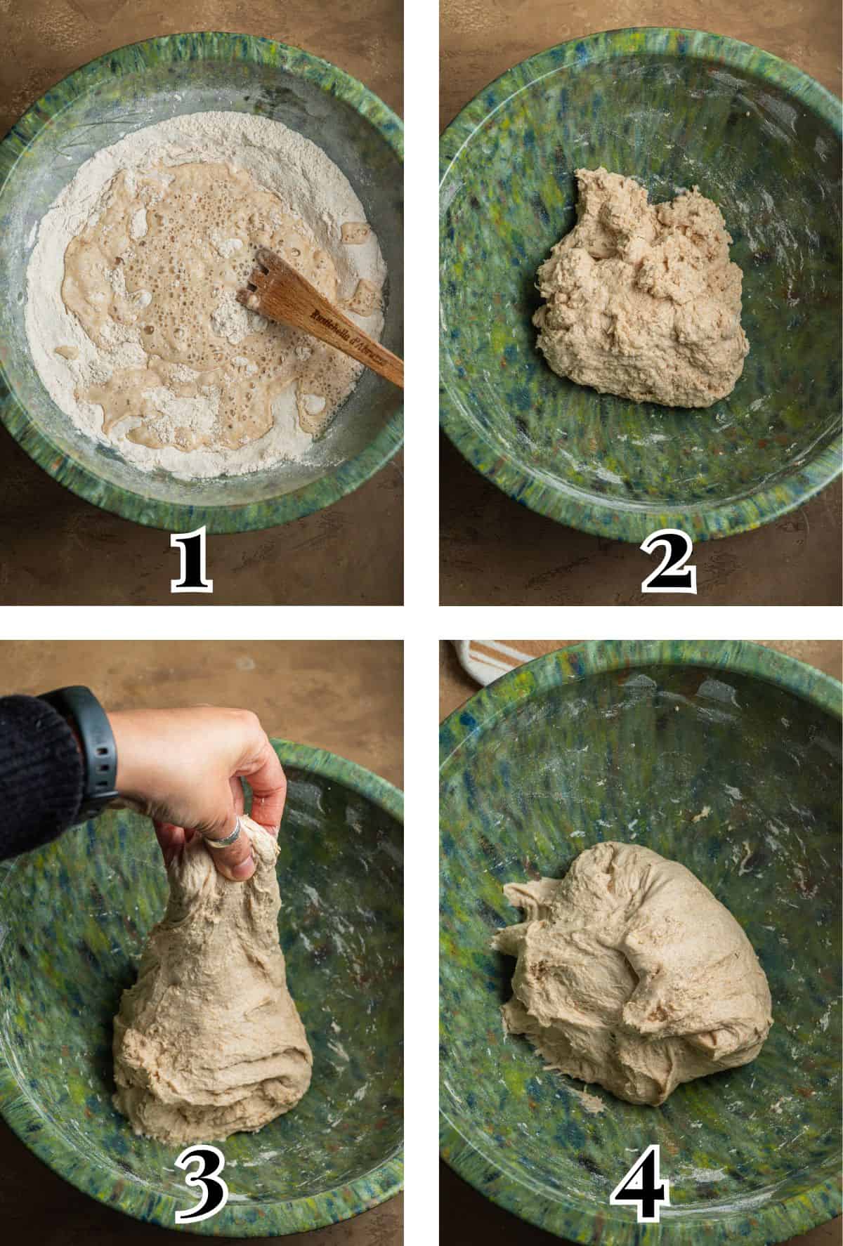 2x2 grid demonstarting how to mix and perform stretch and folds on whole-wheat dough.