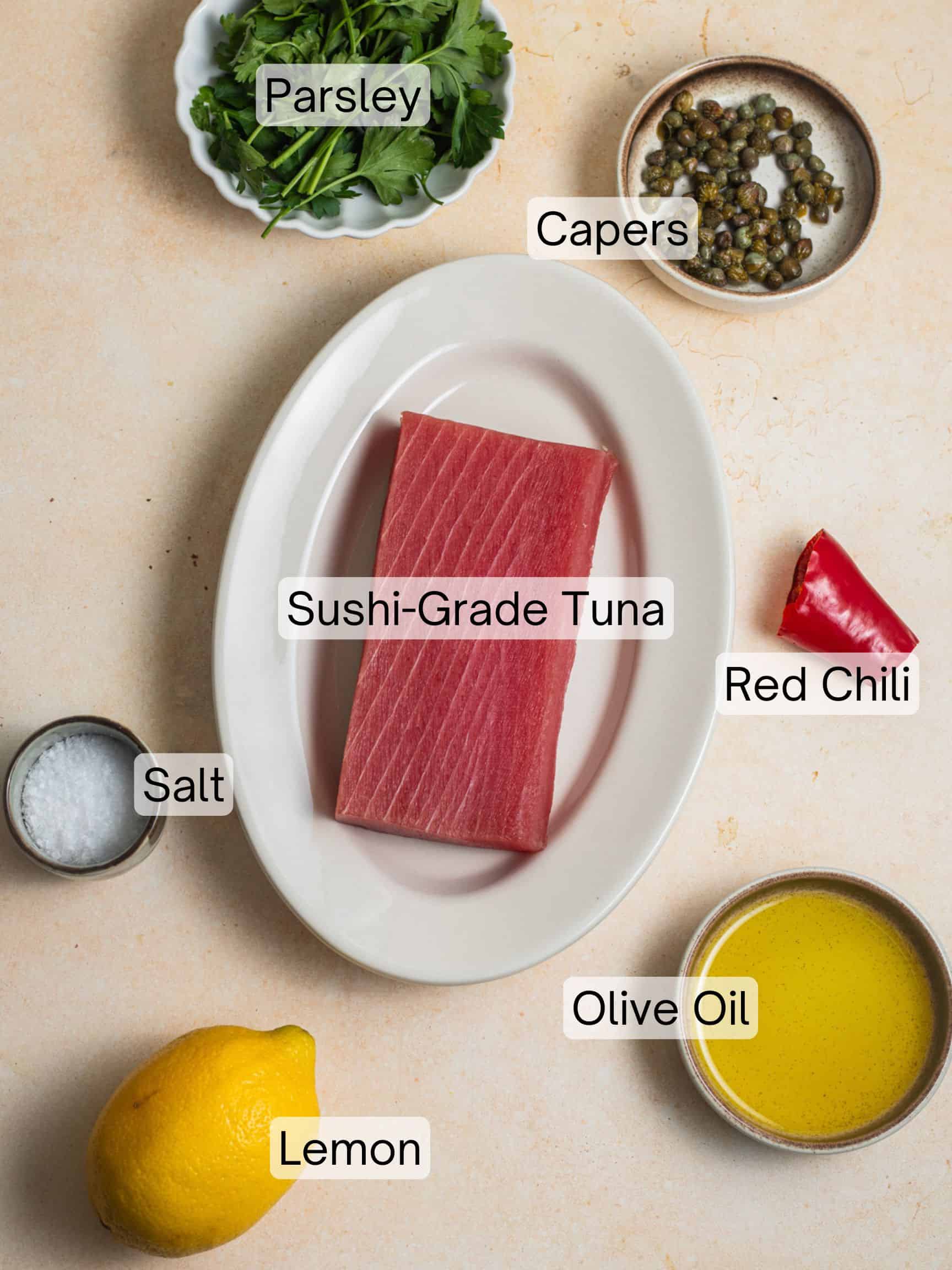 Ingredients laid out to make tuna crudo.