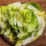 Piles of various lettuces, frisee, and endive dressed with salad dressing on a plate set over a woven placemat.