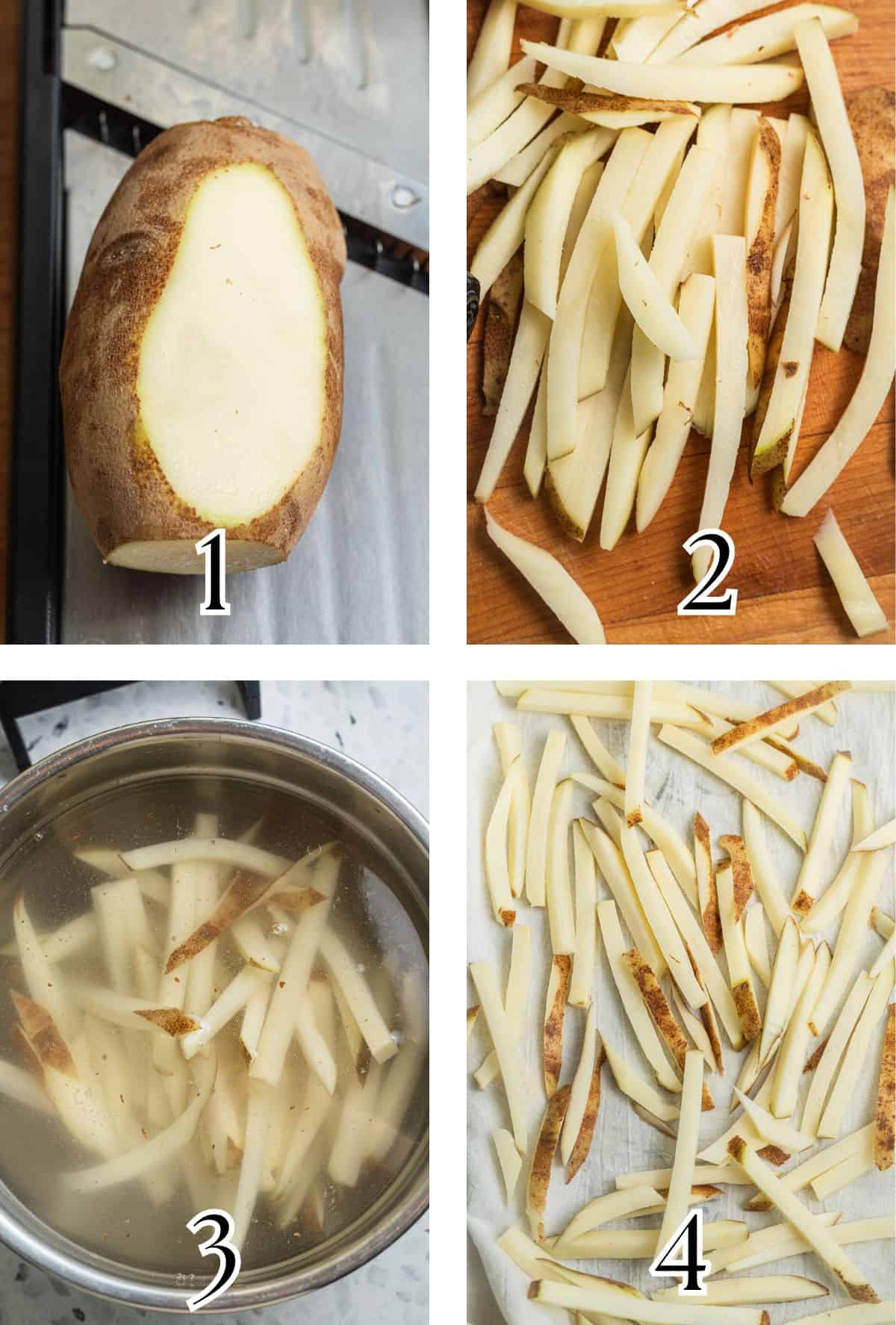 2x2 grid demonstrating how to slice, soak, and dry potatoes for french fries.