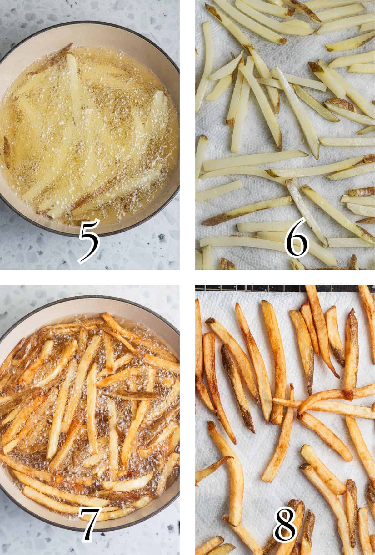 2x2 grid demonstrating how to double fry french fries. 