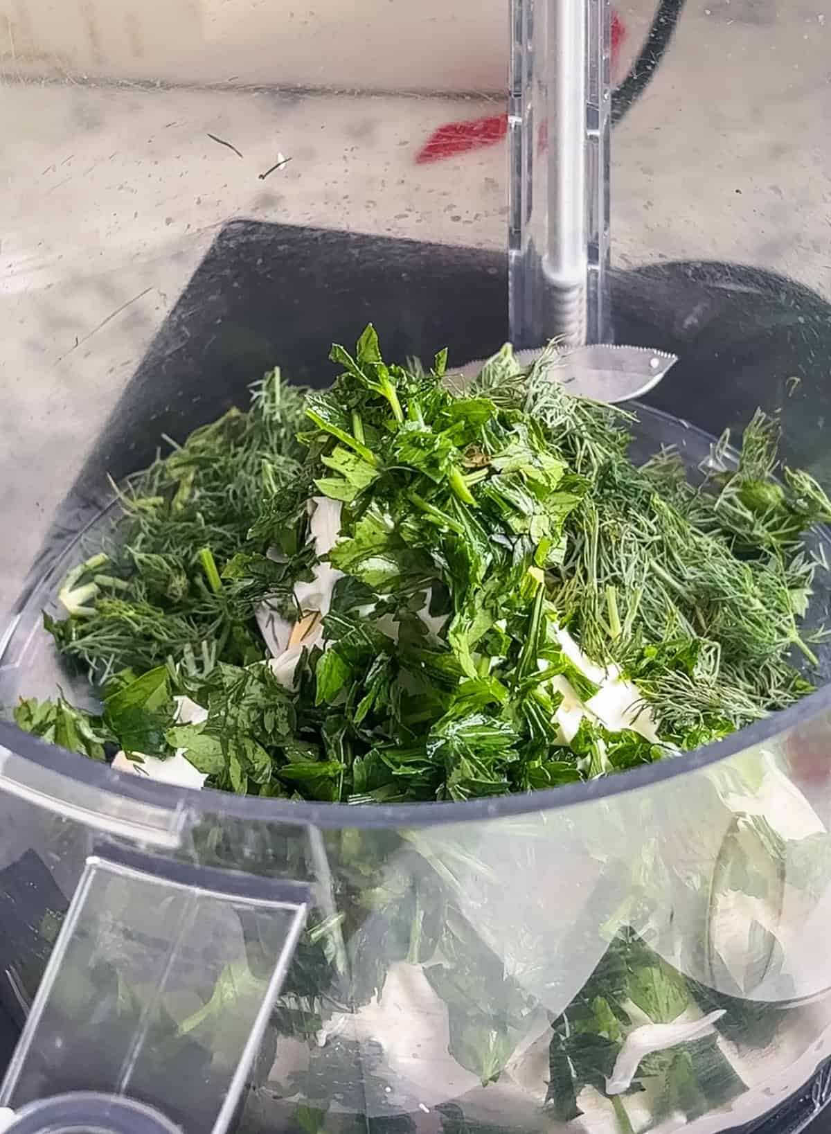 Fresh herbs in a food processor with sour cream.